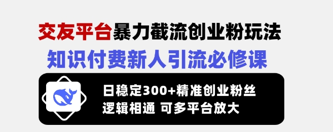 交友平台暴力截流创业粉玩法，知识付费新人引流必修课，日稳定300+精准创业粉丝，逻辑相通可多平台放大_网创资源库