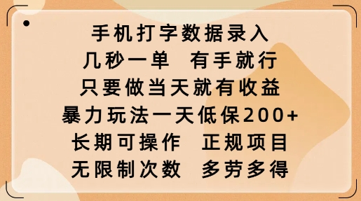 手机打字数据录入，几秒一单，有手就行，只要做当天就有收益，暴力玩法一天低保2张_网创资源库