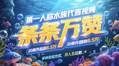 第一人称水族代言视频，条条万赞，20条作品涨粉7.8W，多种变现方式月入五位数_网创资源库