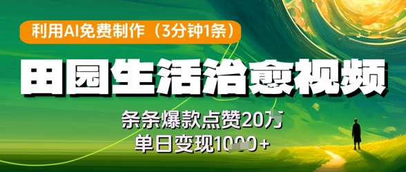 利用AI免费制作田园生活治愈视频，条条爆款点赞20W，单日变现几张_网创资源库
