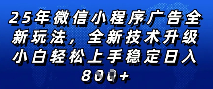 2025年微信小程序全新玩法纯小白易上手，稳定日入多张，技术全新升级，全网首发【揭秘】_网创资源库