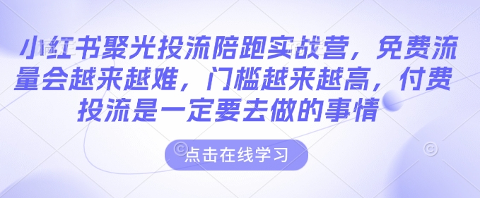 小红书聚光投流陪跑实战营，免费流量会越来越难，门槛越来越高，付费投流是一定要去做的事情_网创资源库
