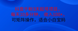 抖音干粉3天起号项目，每天10多分钟，收入100+，可矩阵操作，适合小白宝妈_网创资源库