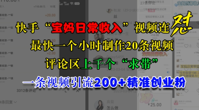 快手“宝妈日常收入”视频连怼，一个小时制作20条视频，评论区上千个“求带”，一条视频引流200+精准创业粉_网创资源库